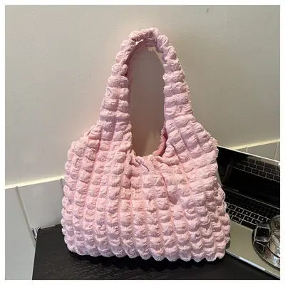 Pink Bubble Ruffled Shoulder Bag Women's Nylon Korean Style