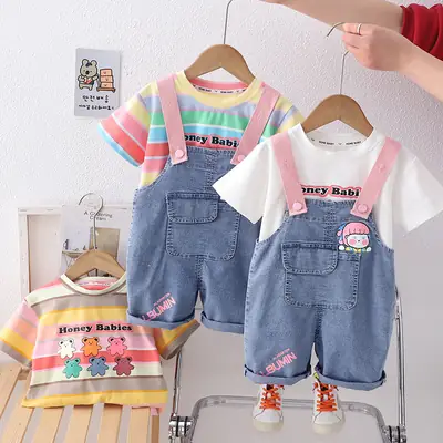 2024 Summer Boys Girls Denim Overalls T-Shirt Set