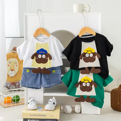 2024 Boys Cotton T-Shirt Suit Green Denim Shorts Korean Cartoon