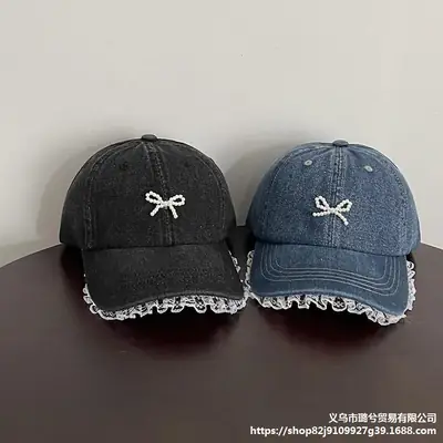 Women's Pearl Bow Denim Baseball Cap