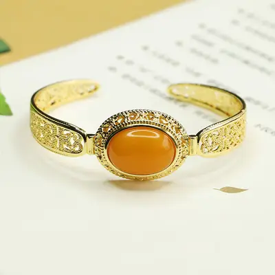 Aiyu Natural Amber Bangle Bracelet Gold Plated