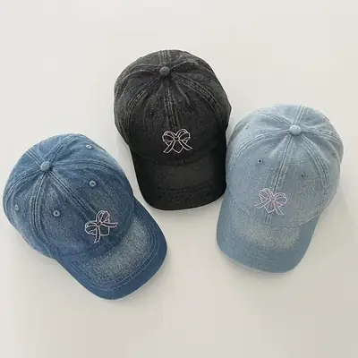 Women Denim Bow Cap Set Blue Black Wide Brim