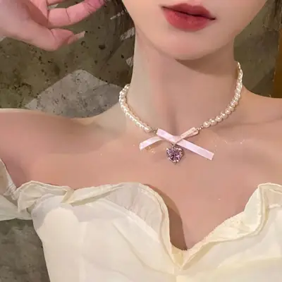 French Style Pearl Bow Necklace for Women