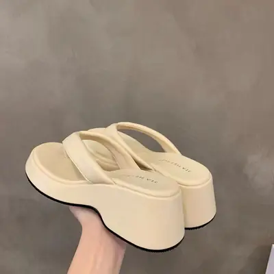 Women's Cream Thick-Heeled Flip Flops 2025