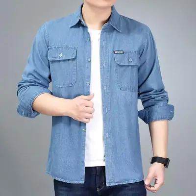 Men Long Sleeve Denim Shirt Sun Protection Cotton Blue