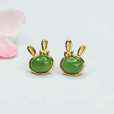 Jade Rabbit Earrings Gold Plated Green Green Jade