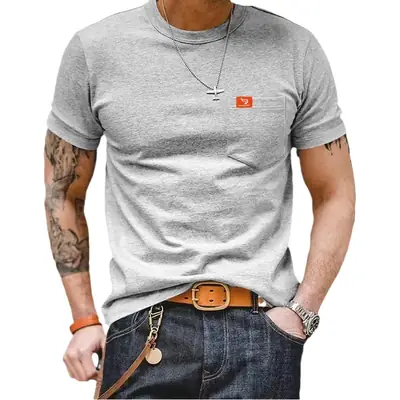 Men Gray T-Shirt with Black Flag Patch Short Sleeve