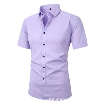Men Light Purple Button Short Sleeve Shirt