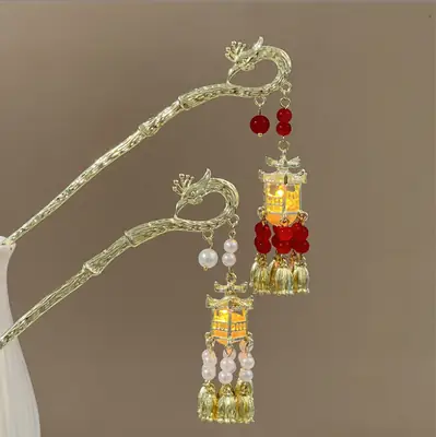 Ancient Glowing Lantern Hairpin with Red Tassels for Women