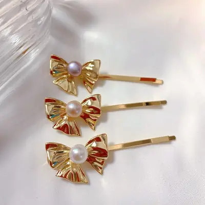 Golden Pearl Bow Hairpin for Women