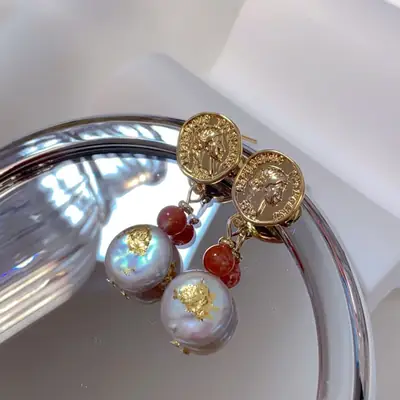 Vintage Figure Gold Earrings with Freshwater Pearl & Red Beads