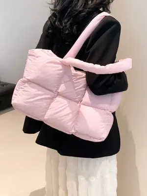 Women's Cross-Border Puffer Shoulder Bag Beige Large Capacity