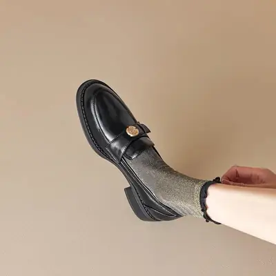 Women's British Gold Buckle Chunky Heel Loafers Black Patent Leather