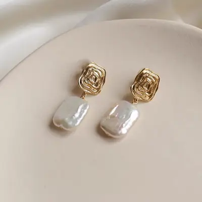 Pearl Earrings Square Geometric Silver Needle Korean Style