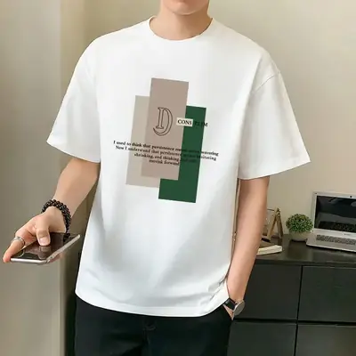 Men Pure Cotton Graphic T-Shirt White Short Sleeve