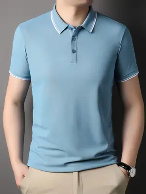 Men's Light Blue Lapel Polo Shirt Short Sleeve Business Fit