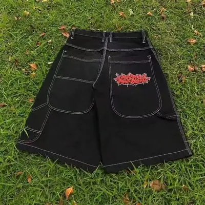 Men Black Wide Leg Jeans Retro Gradient Denim Shorts