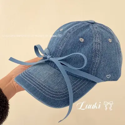 Bowknot Denim Cap with Heart & Rhinestone Design