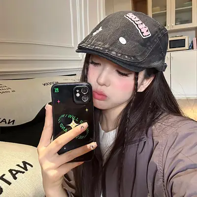 Women's Xiin Beret Hats Blue Black Retro Distressed