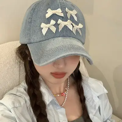 Women Denim Baseball Cap Blue Bowknot Light