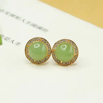 Aiyu Green Jade Round Earrings S925 Silver