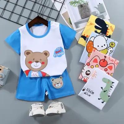 Pink Cute Bear Print Baby Boys Cotton Shorts Set