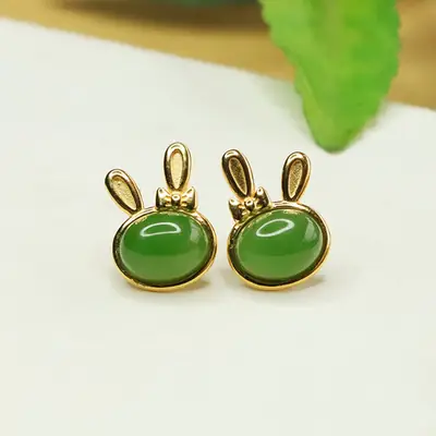 Jade Rabbit Earrings Green Gold Set