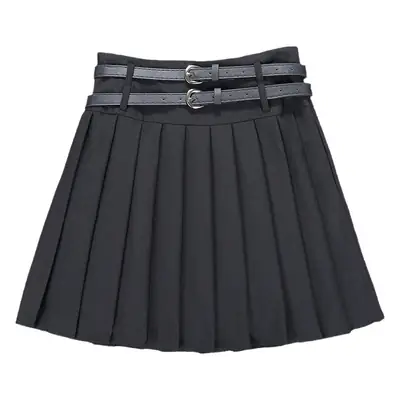 Double Belt Pleated Gray Skirt High Waist Women