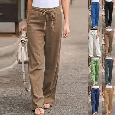 2025 Women Blue Elastic Waist Wide Leg Pants Cotton Linen
