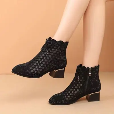 Black Chunky Heel Mesh Sandals for Women 2024