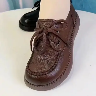 Women Lace-Up Leather Platform Loafers 2024 Spring Soft Bottom