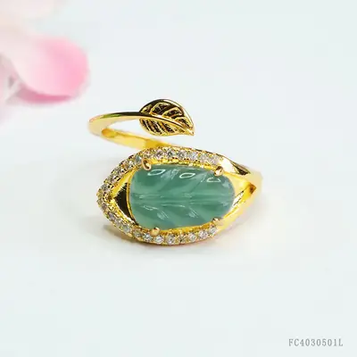 Guan Yu Jade Leaf Ring Gold Plated Blue Water Leaf Design