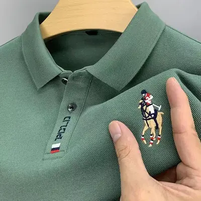 Men's White Embroidered Polo Shirt with Horse Design