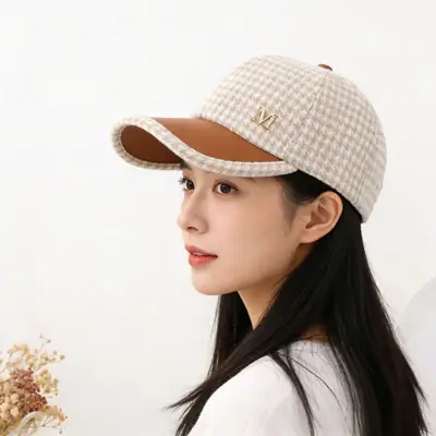 Korean Style Houndstooth Cap with Leather Bristle for Women