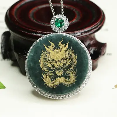 Aiyu Dragon Pendant with Gold Embroidery & Green Jade