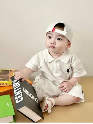 Baby Polo Shirt with Leopard Print Cap White
