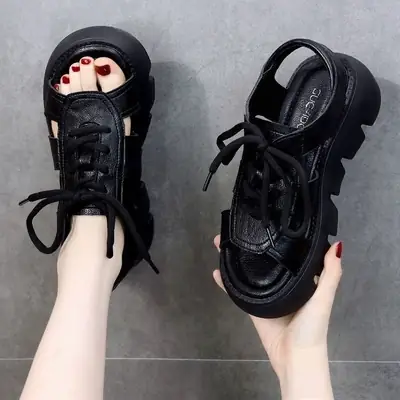 Leather sandals women's summer 2024 new fashion platform mid heel dress outer wear online celebrity Roman sandals
