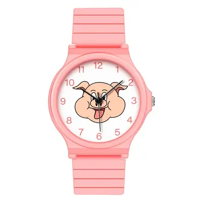 Pink Cartoon Watch for Kids with Pig Design