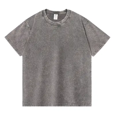 Distressed Cotton T-Shirt Brown Round Neck Wash Thickened