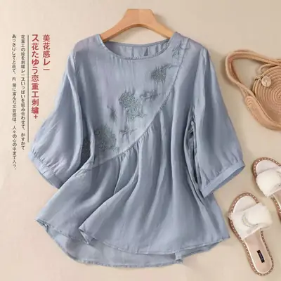 New Shirt T-Shirt Summer Pure Color New Literary Retro Embroidered Cotton and Linen Shirt Loose Round Neck Pullover Top