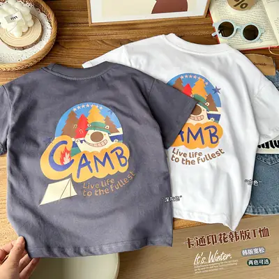 White Cartoon Print Boys T-Shirt with Denim Shorts