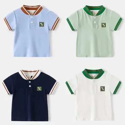 Kids Polo Shirt Light Green Dinosaur Embroidered V-Neck 2026