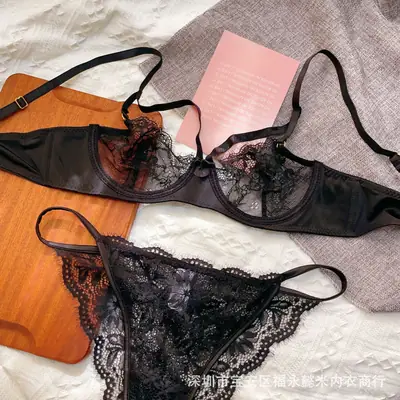 Black Lace Lingerie Set with Hollow Low Waist Panties