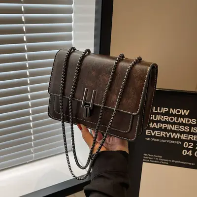 Women's Brown Leather Chain Crossbody Bag 2024
