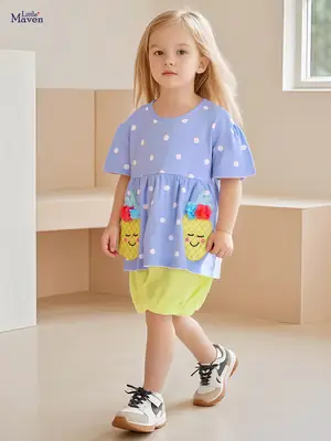 Little Cartoon Girl Suit Blue Yellow Shorts