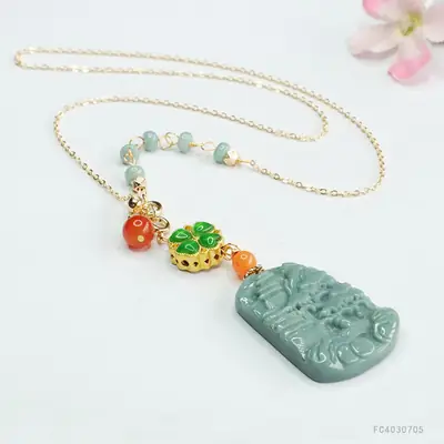 Jade Landscape Pendant Necklace Blue Water Green Red Beads
