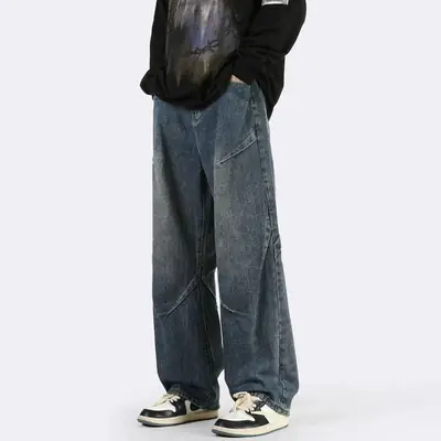 Men Wide Leg Retro Draped Jeans Spring Autumn