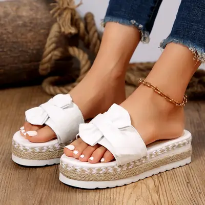 Women's Beige Bow Platform Slippers Large