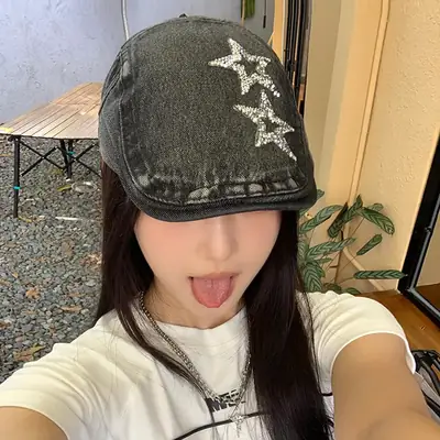 Women Denim Star Hat Retro Artist Peaked Beret