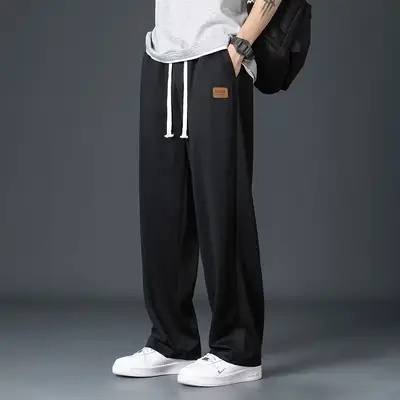 Men Grey Loose Fit Casual Pants Mid Waist Spring Fall